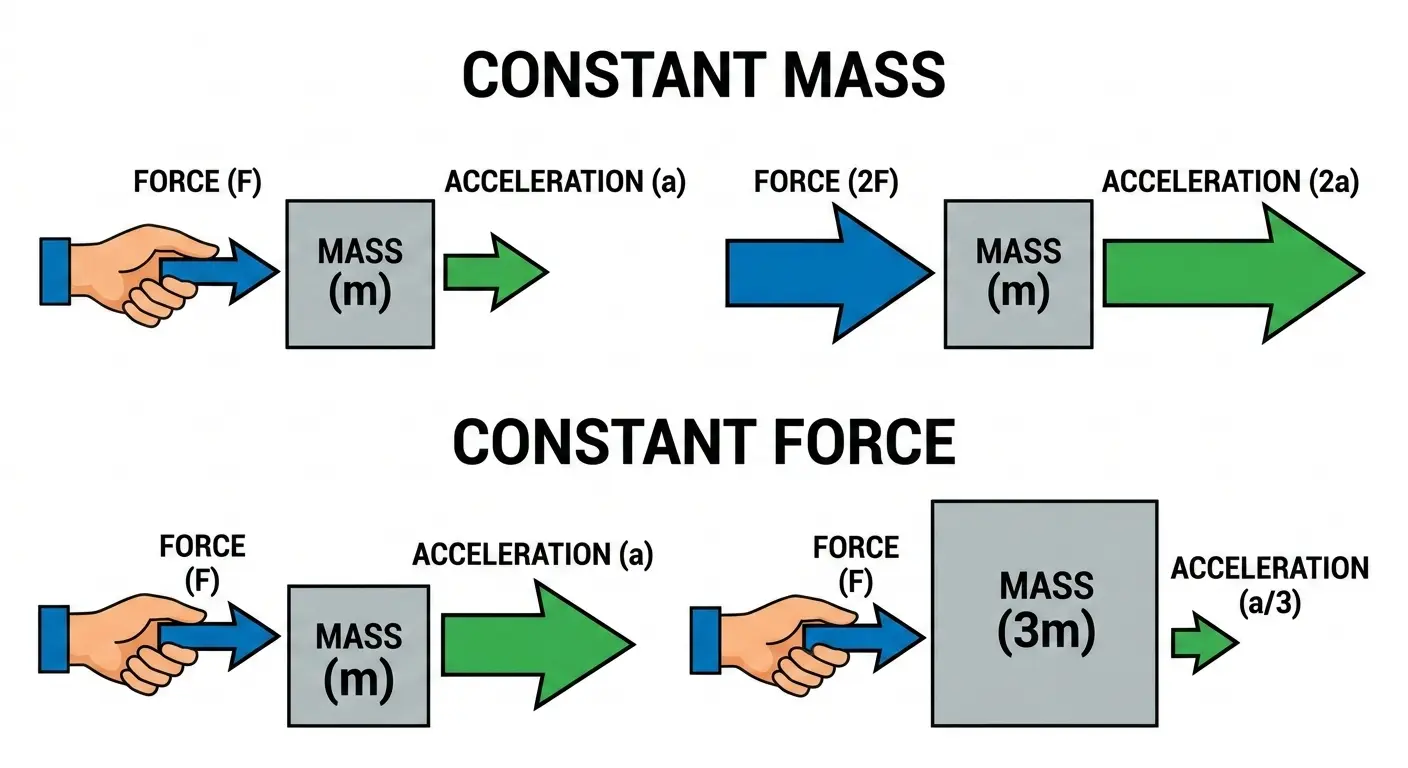 Diagram illustrating Newton's Second Law of Motion F=ma showing relationship between force, mass, and acceleration.
