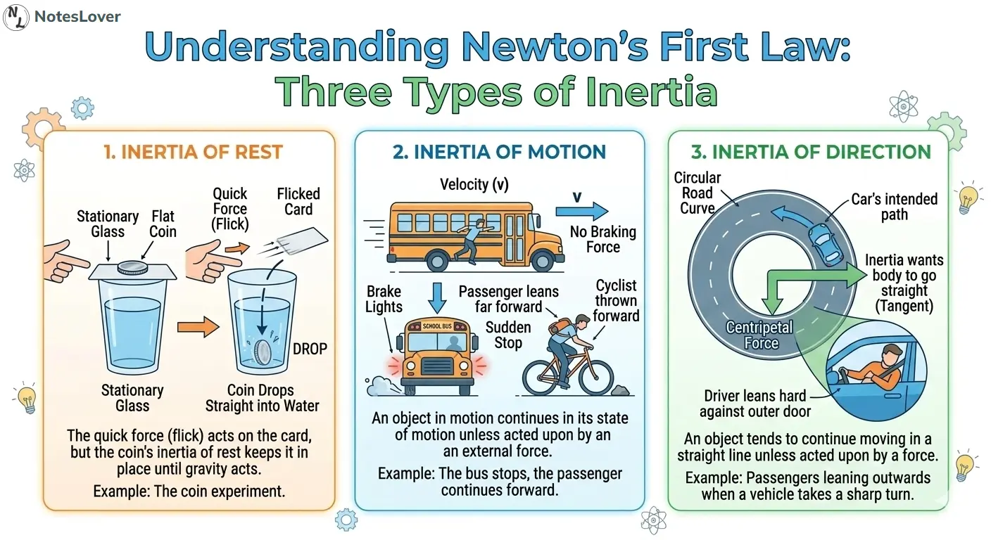 Newton's First Law Three Types of Inertia Diagram - Rest, Motion, and Direction