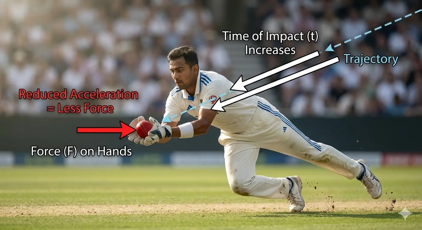 A cricket player pulling their hands back while catching a ball to reduce the impact force, illustrating Newton's Second Law.