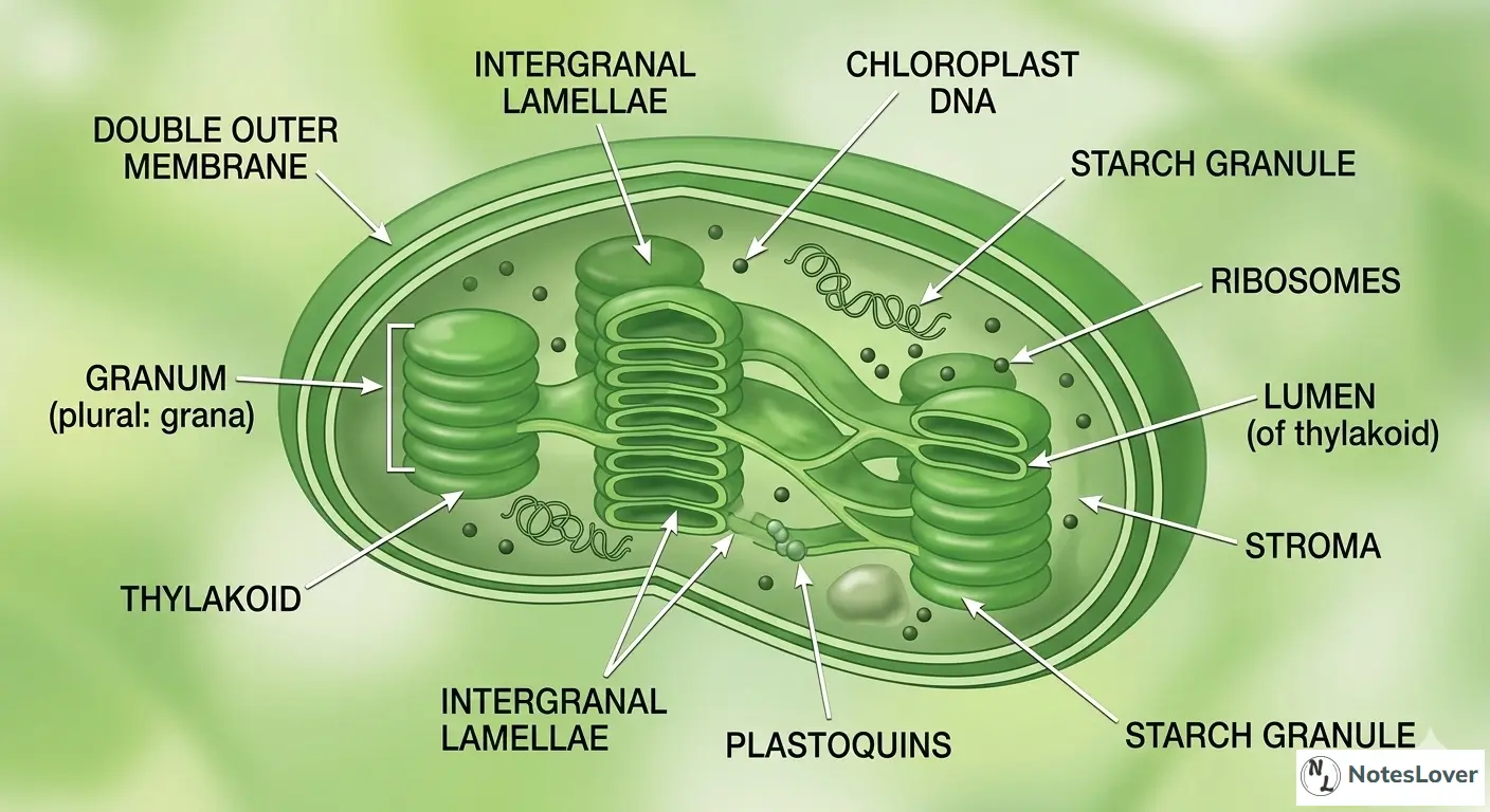 Detailed diagram of a chloroplast showing thylakoids, stroma, and grana, found only in plant cells.