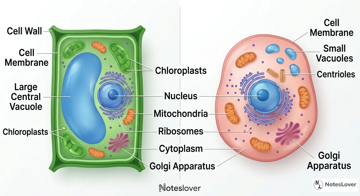 Labeled diagram comparing the structure of a plant cell and an animal cell, highlighting key organelles.