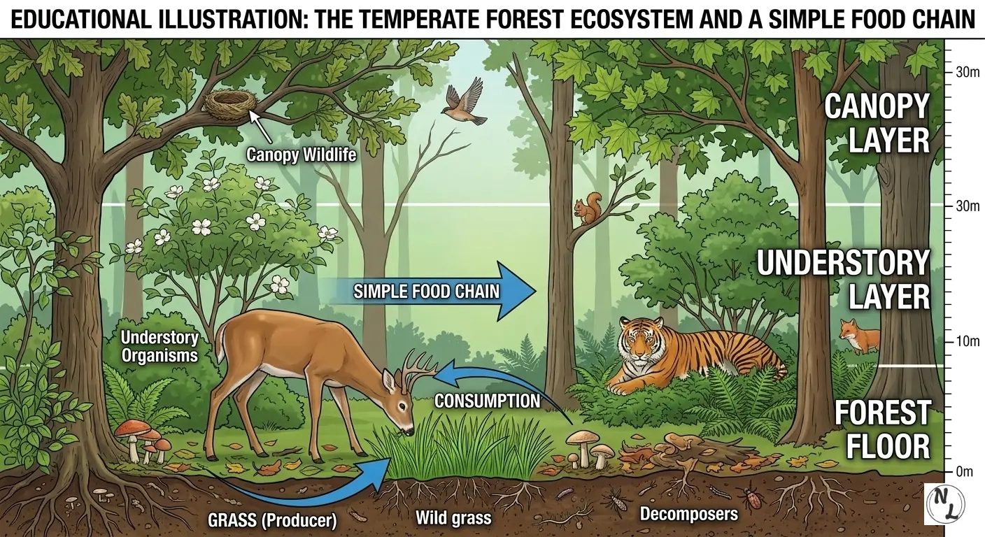 Forest Ecosystem types diagram for students showing biotic and abiotic components - NotesLover