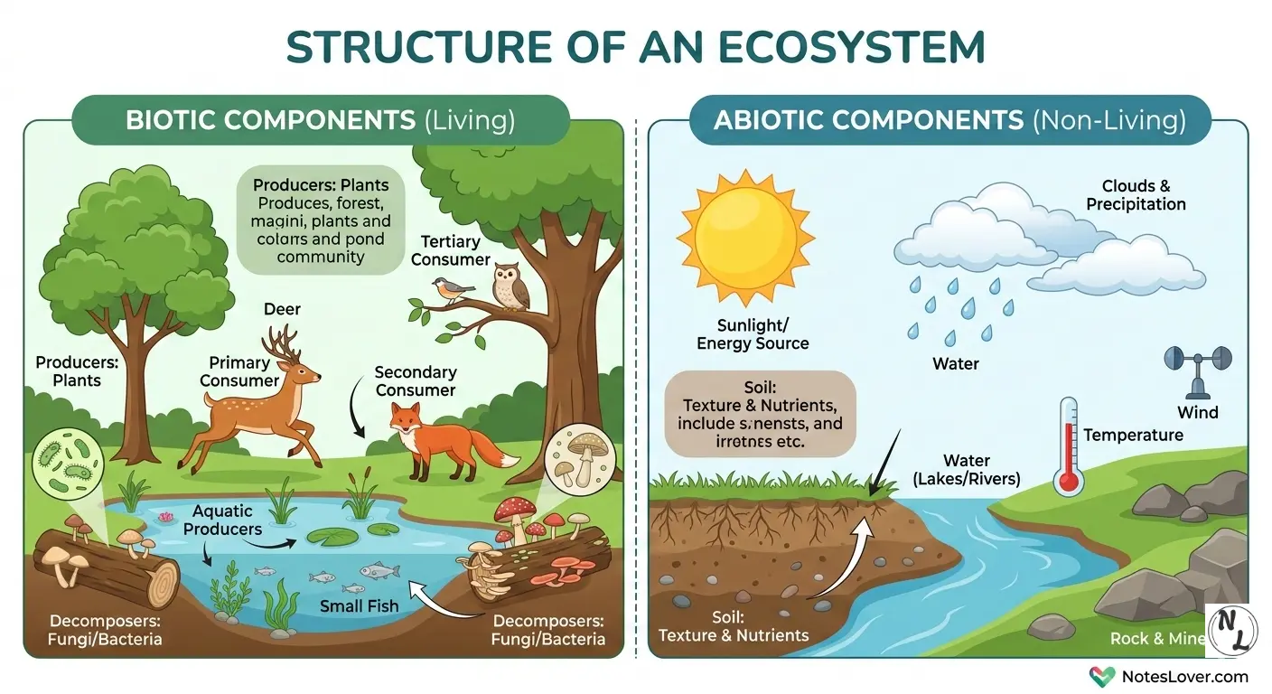 Educational diagram showing the distinction between Biotic (Plants, Animals, Fungi) and Abiotic (Sunlight, Water, Soil, Clouds) components of an ecosystem.