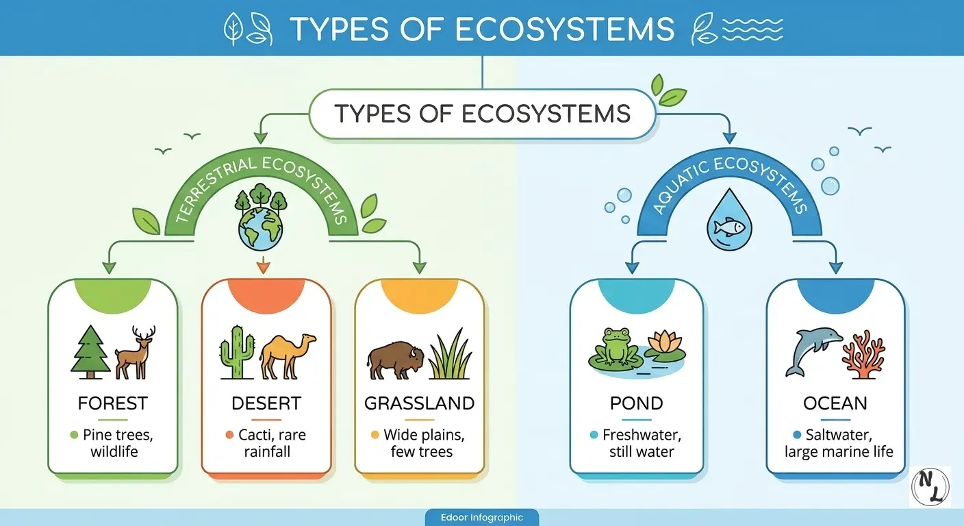 Forest Ecosystem types diagram for students showing biotic and abiotic components - NotesLover