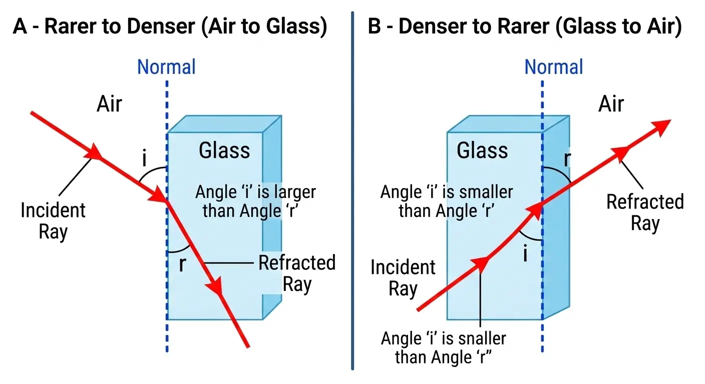 A split-panel educational diagram for Noteslover, comparing light bending towards the normal (Rarer to Denser medium, e.g., Air to Glass) vs. light bending away from the normal (Denser to Rarer medium, e.g., Glass to Air).