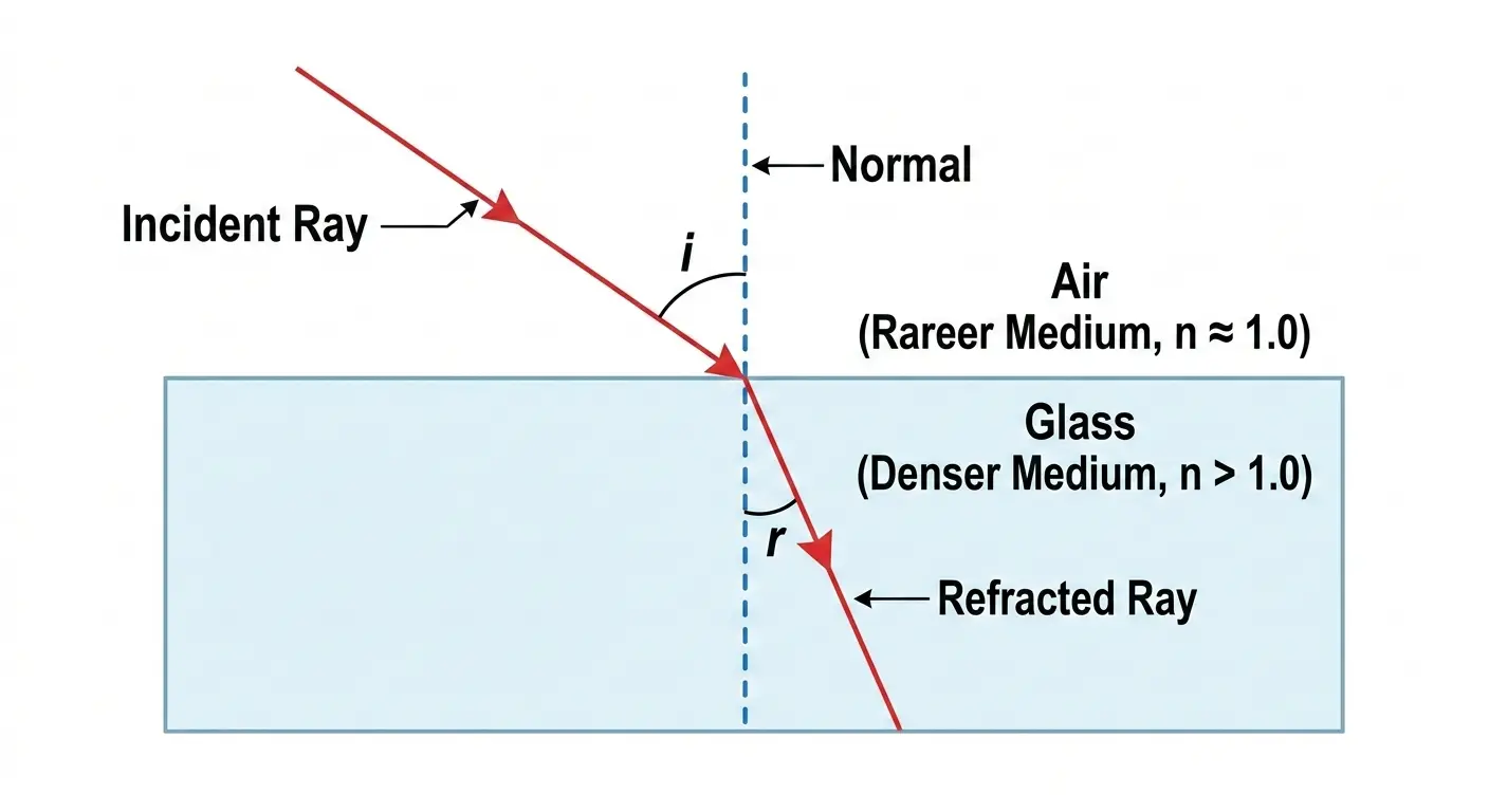 Scientific diagram for students illustrating the refraction of a single light ray as it passes from air into a rectangular glass slab. The diagram clearly labels the incident ray, the refracted ray, the normal, the angle of incidence 'i', and the angle of refraction 'r'.