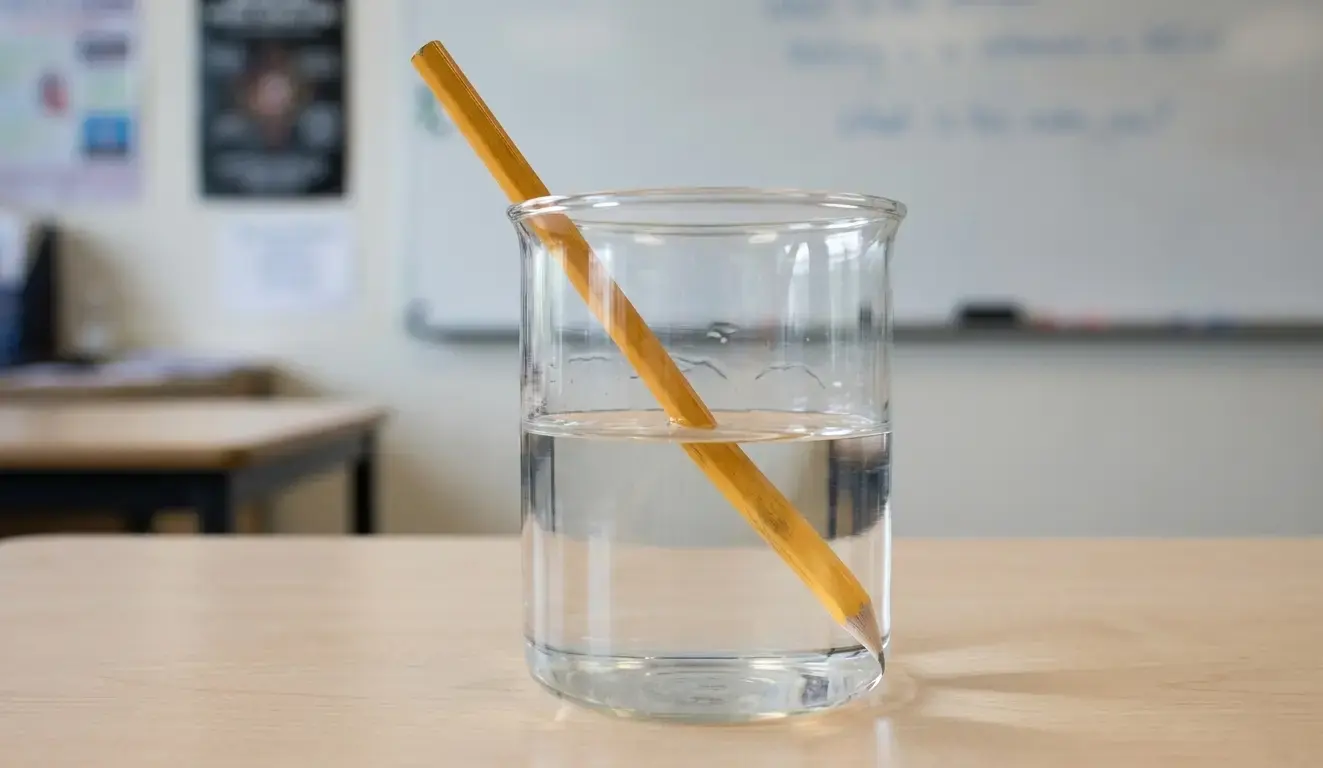 A high-quality educational photo showing the classic optical illusion of a standard yellow pencil in a half-filled clear glass beaker. Refraction of light from water to air makes the pencil appear distinctly broken or shifted at the surface.