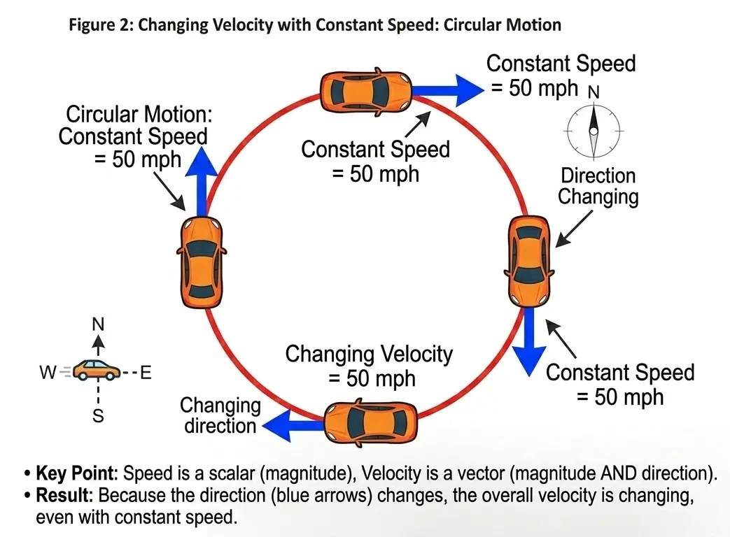 Diagram of a car on a circular track showing constant speed but changing velocity due to direction change.