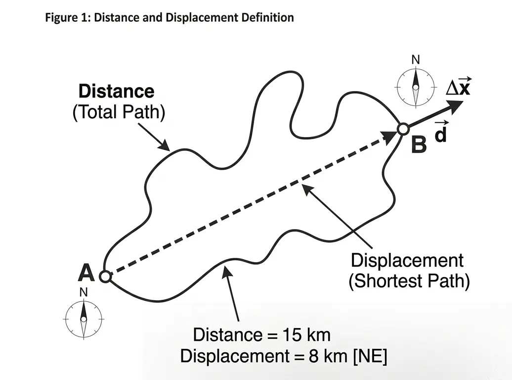 Physics diagram illustrating the difference between total distance traveled and straight-line displacement.